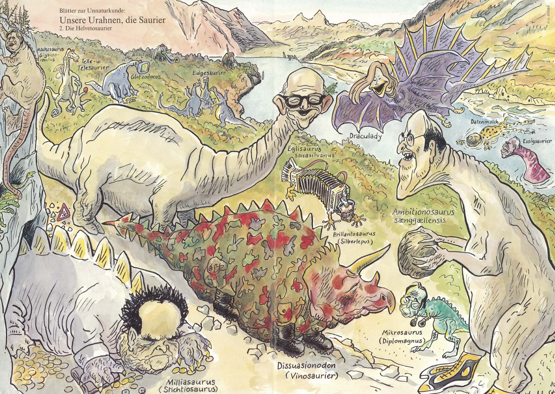 Caricature entitled «The Helvetosaurs» for the Nebelspalter, 1986