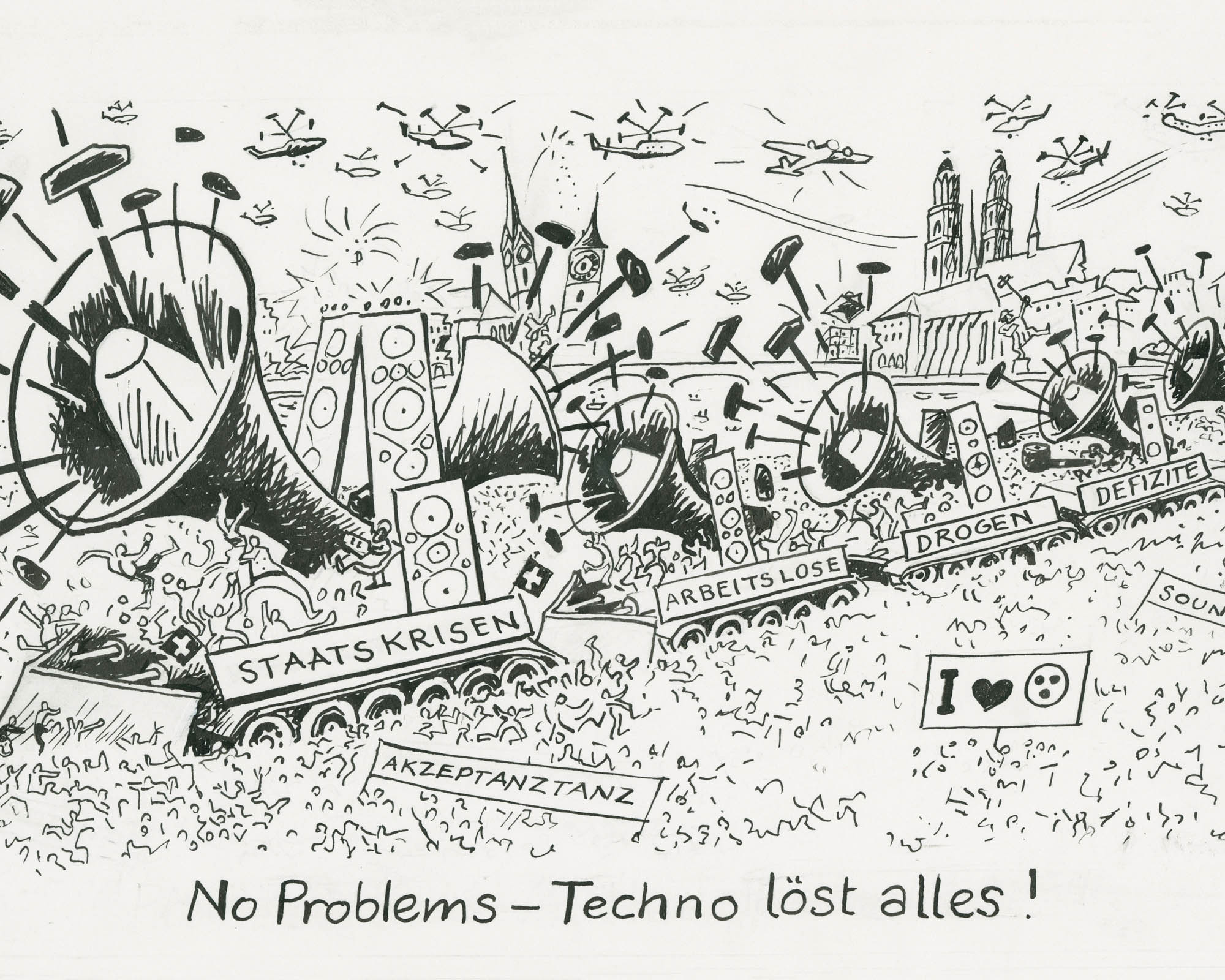 No Problems - Techno löst alles! (Karikatur für den Tages-Anzeiger 1994)
